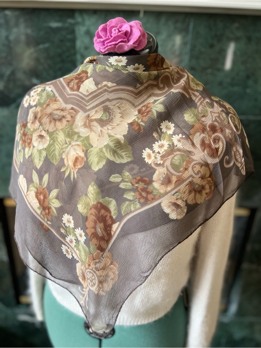 Vintage Floral 100% Silk Scarf Made in Italy Brown & Green Square Retro Feminine
